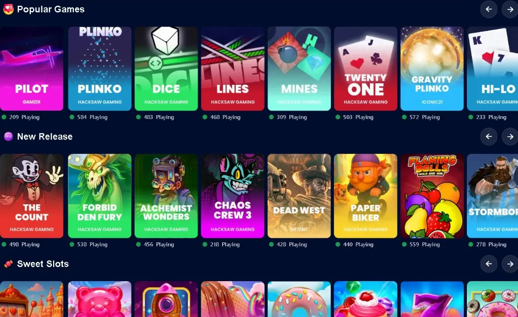 Overview of the SpeedSweeps online casino lobby highlighting popular and new release games from multiple providers.