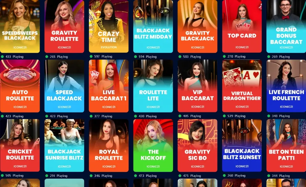 Grid of SpeedSweeps live dealer tables offering games like blackjack, baccarat, and roulette with professional hosts.