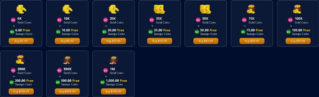 Display of SpeedSweeps gold and sweeps coin bundle options with pricing tiers for in-game purchases.
