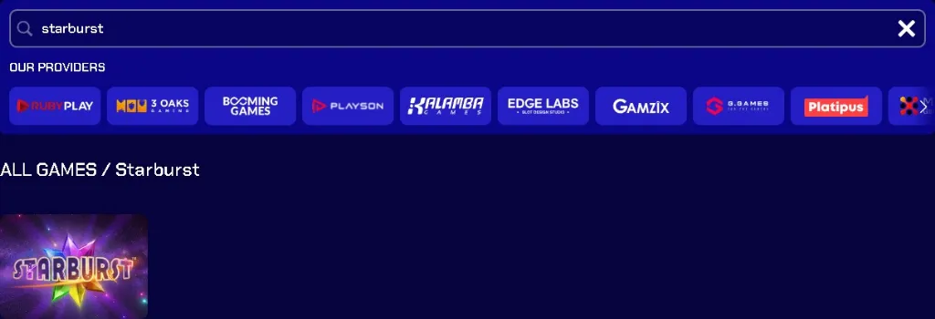 Sportzino’s Starburst games section highlights the availability of Starburst and its variations from multiple providers.