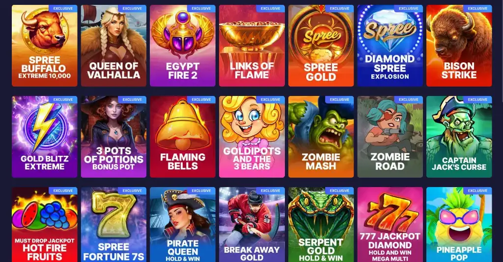 Grid of exclusive slot titles at Spree Casino including Spree Buffalo Extreme 10,000 and Queen of Valhalla, showcasing the platform’s premium featured games.