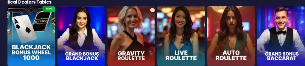Live dealer games selection at Spree Casino featuring Blackjack Bonus Wheel 1000, Grand Bonus Blackjack and Gravity Roulette with real hosts.