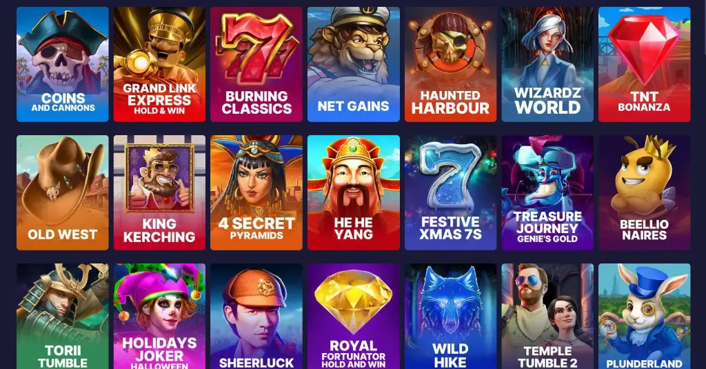 Collection of popular slot titles on Spree Casino such as Coins and Cannons and Grand Link Express Hold & Win across colorful game tiles.