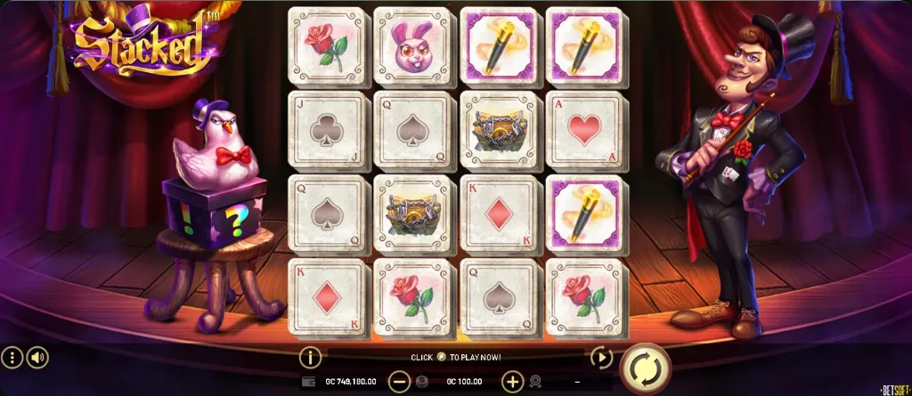 A magic show-themed Stacked slot with magician, rabbit and card symbols on stage.