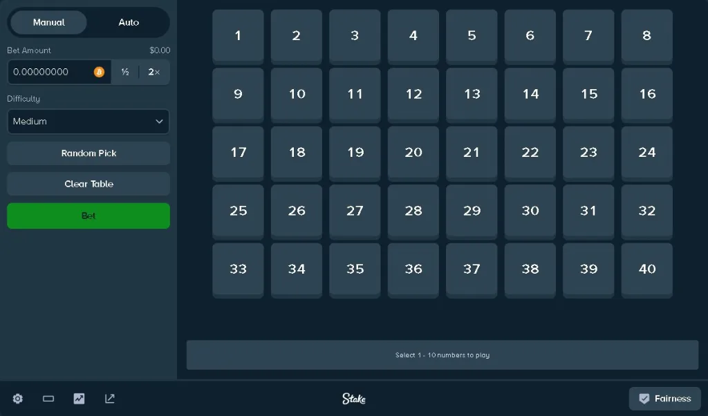 Stake Originals Keno game interface featuring selectable number grid and manual or auto betting controls.