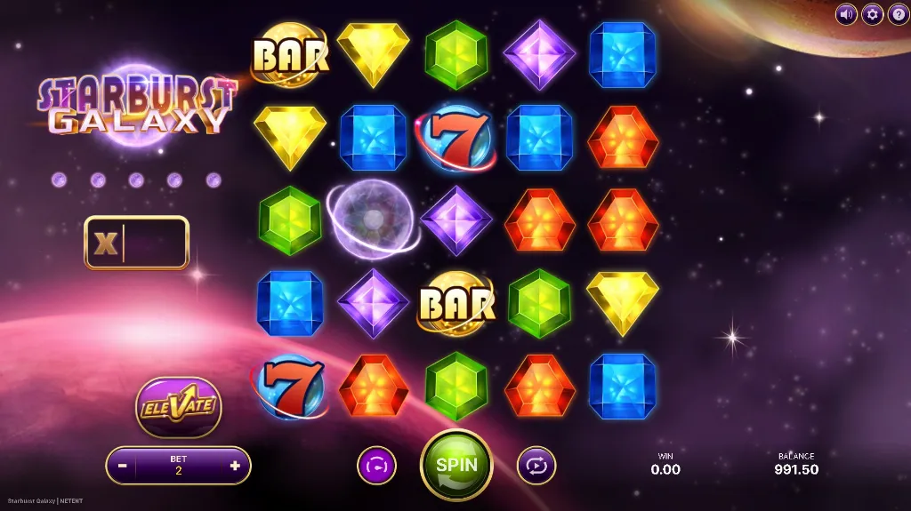 The Starburst Galaxy slot brings a modern twist with cluster pays and colorful cosmic gems set against a galactic backdrop.