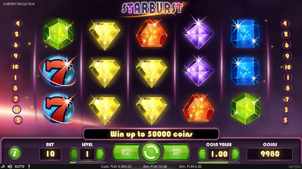 The Starburst slot features sparkling gems and vibrant reels with a classic arcade feel, offering up to 50,000 coin wins.