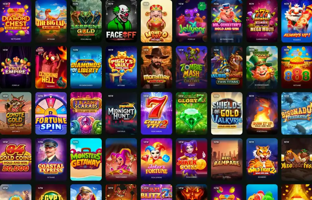 Grid of promotional tiles showing multiple StormRush slot titles like Mystic Pot Treasures and Turbo Diamonds.