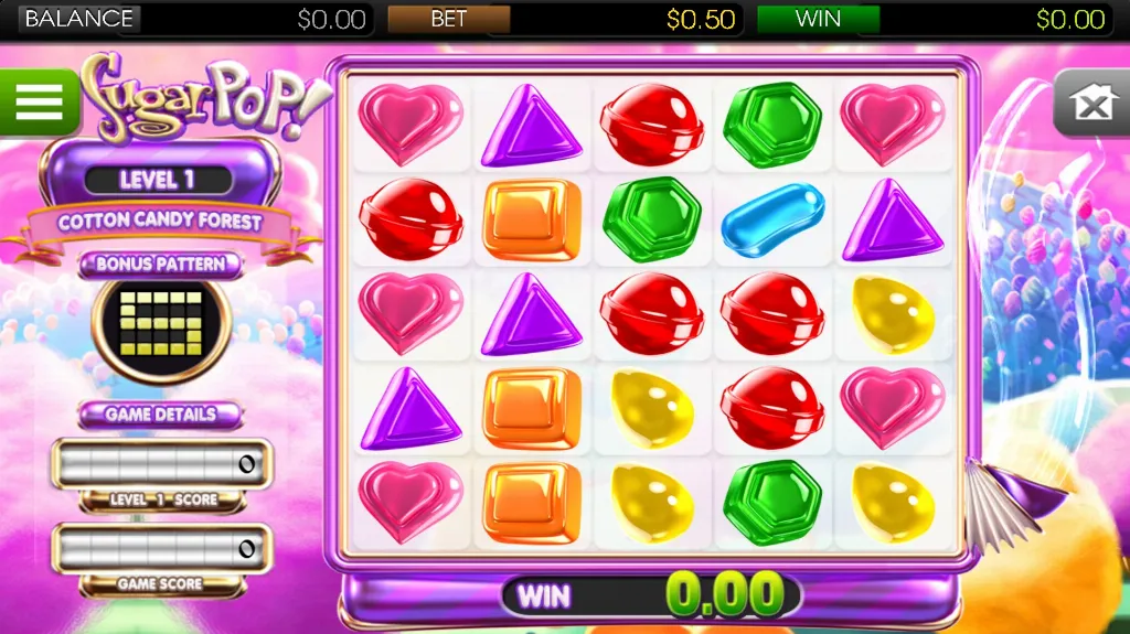 Candy-themed Sugar Pop slot gameplay with colorful sweets arranged on a grid in the Cotton Candy Forest level.