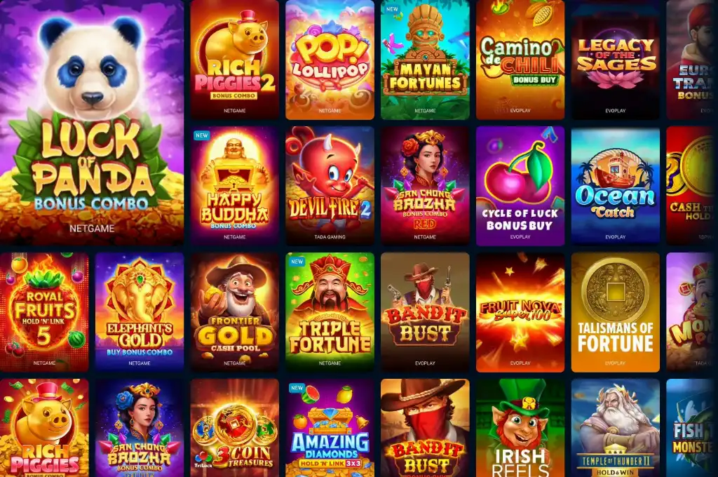 Grid of vibrant slot game icons including themes like pandas, fortune coins, cowboys, and lucky symbols.