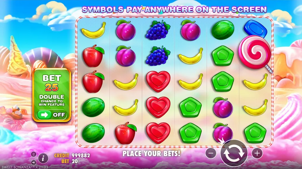 Sweet Bonanza slot displays colorful candy-themed reels with fruit symbols and a cheerful design focused on scatter payouts.