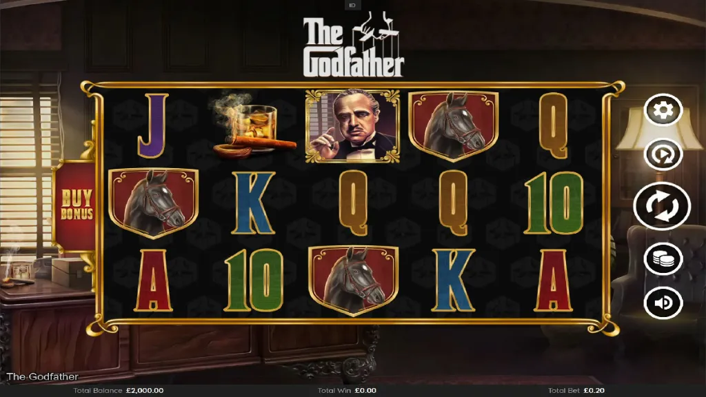 The Godfather slot machine features a mafia theme with Don Corleone symbols and horse head shields on the reels.