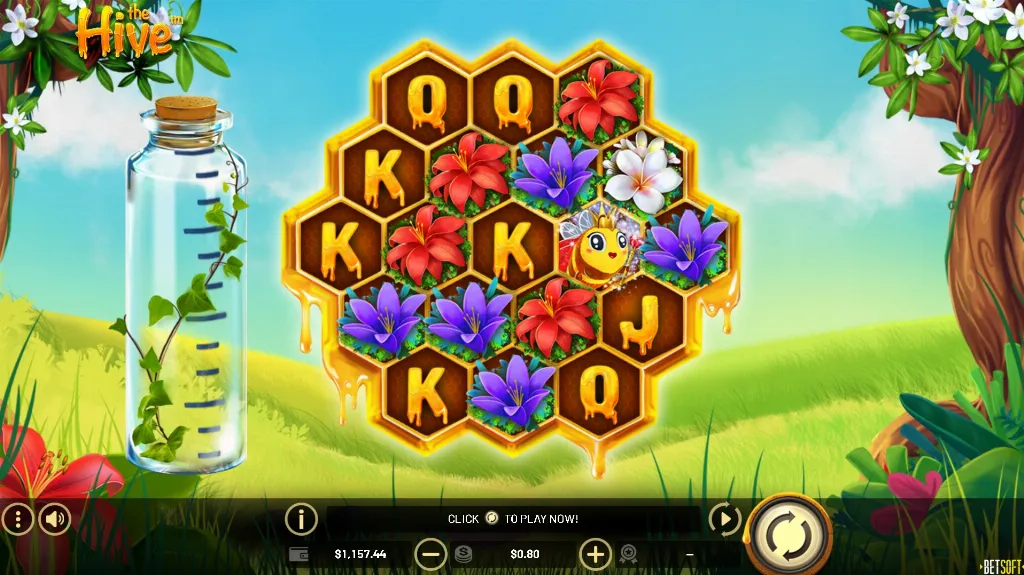 The Hive slot game with honeycomb-shaped reels and flowers, featuring bee characters on a hexagon grid.