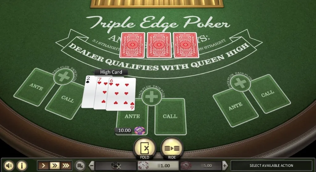Triple Edge Poker gameplay screenshot shows a dealt hand with a high card and betting options like ante, call, fold, and ride on the green felt table.