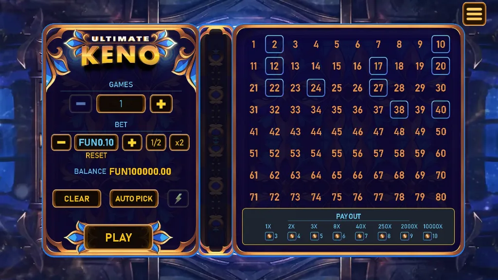 Ultimate Keno gameplay screen showing a classic numbered keno board with adjustable bets and autoplay options.