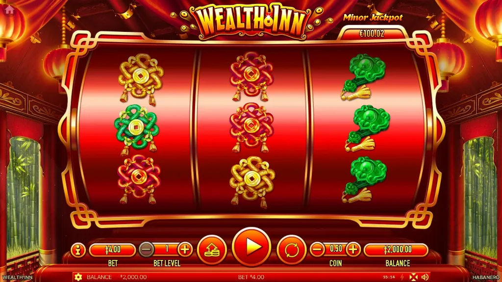 Wealth Inn slot features a classic three-reel layout with Chinese fortune symbols and a vibrant red and gold theme focused on jackpot wins.