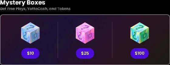 Colorful cube icons show Yotta Casino Mystery Boxes priced at $10, $25, and $100 offering randomized rewards like free plays and tokens.
