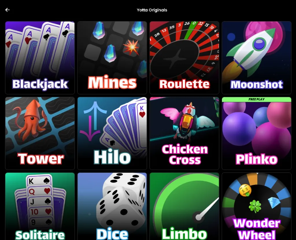Yotta Casino Original Games grid highlights proprietary titles like Mines, Moonshot, Chicken Cross, Plinko, Tower, and Limbo.