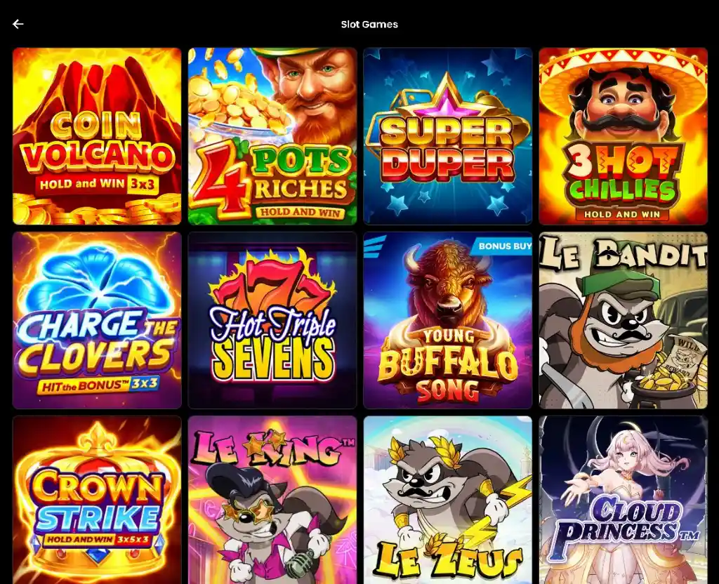 Yotta Casino Slot Games page displays bright slot titles including Coin Volcano, 4 Pots of Riches, Super Duper, 3 Hot Chillies, Young Buffalo Song, and Le Bandit.