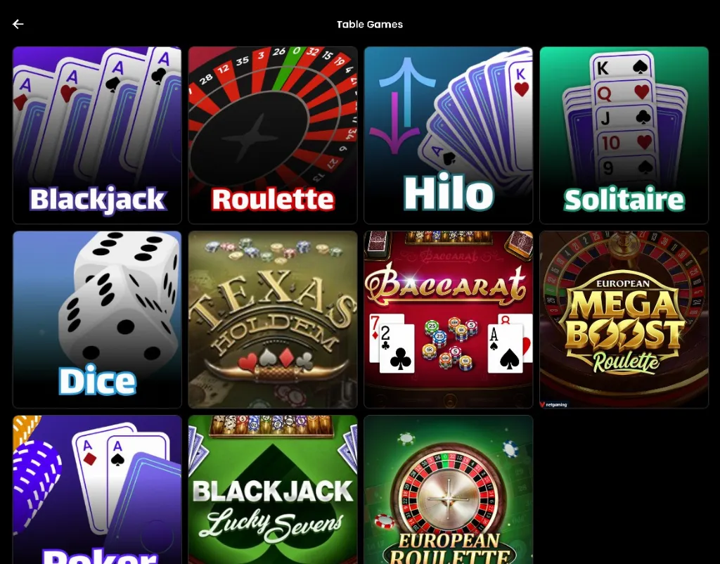 Yotta Table Games menu displays casino classics like Blackjack, Roulette, Dice, Poker, Solitaire, Texas Hold’em, and Baccarat.