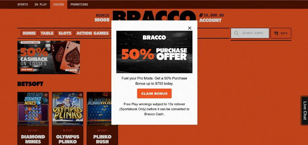 Bracco Casino promotional popup offering a 50% purchase bonus up to $750 for players in Pro Mode.