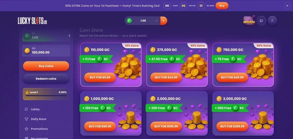 Lucky Slots coin store page displaying GC and SC coin purchase packages with bonus offers.