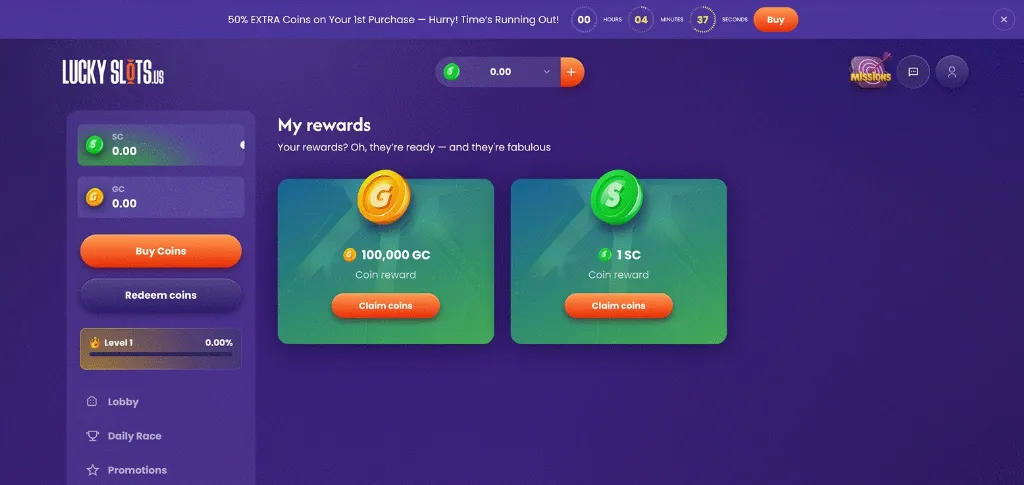 Rewards dashboard on Lucky Slots showing 100,000 GC coin reward and 1 SC coin reward available to claim.