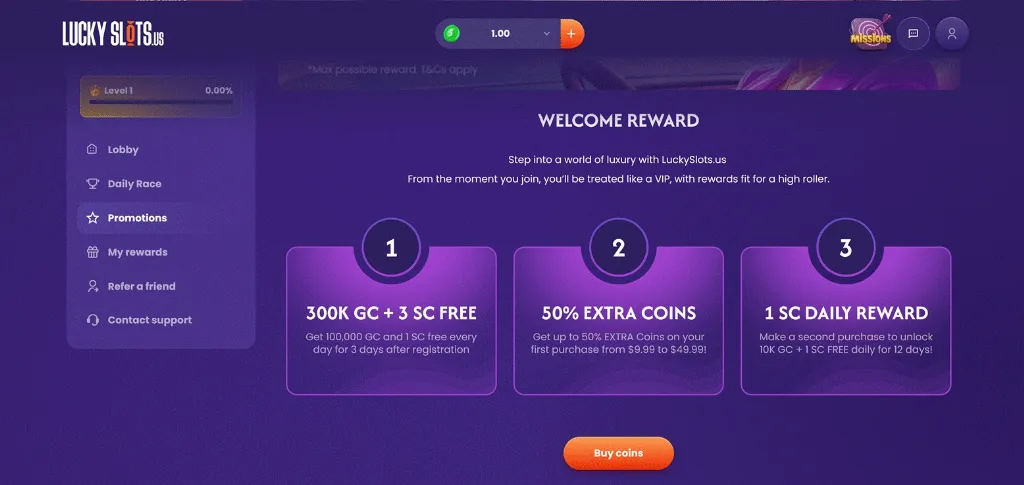 Lucky Slots welcome reward screen promoting 300K GC plus 3 SC free, 50% extra coins, and daily SC bonus offers.
