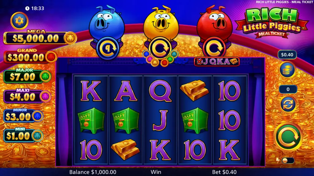 Rich Little Piggies Meal Ticket slot features three colorful piggy banks above reels filled with gold bars, vaults, and royal symbols.