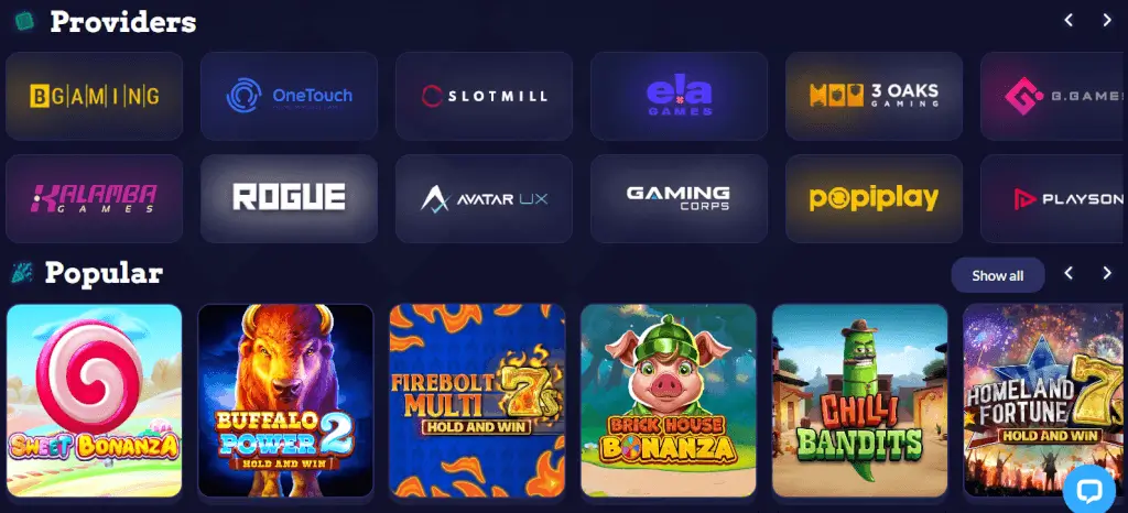 Sixty6 Casino display of top game providers like BGaming and Playson with popular slots including Sweet Bonanza and Brick House Bonanza.