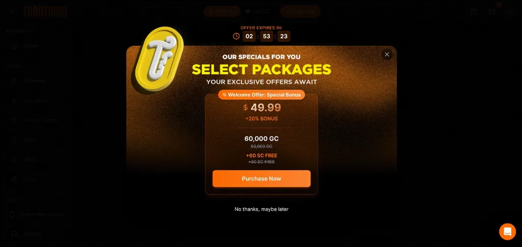 ToraTora Casino promotional screen displaying a limited-time welcome package with bonus coins.