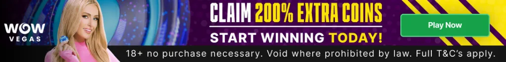 WOW Vegas - Banner with 200% extra coins offer.