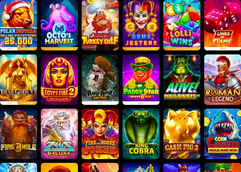 Crown Coins slots lobby grid showcasing featured games like Octo’s Harvest, Gems & Jesters, and Turkey Chef in bright promotional tiles.