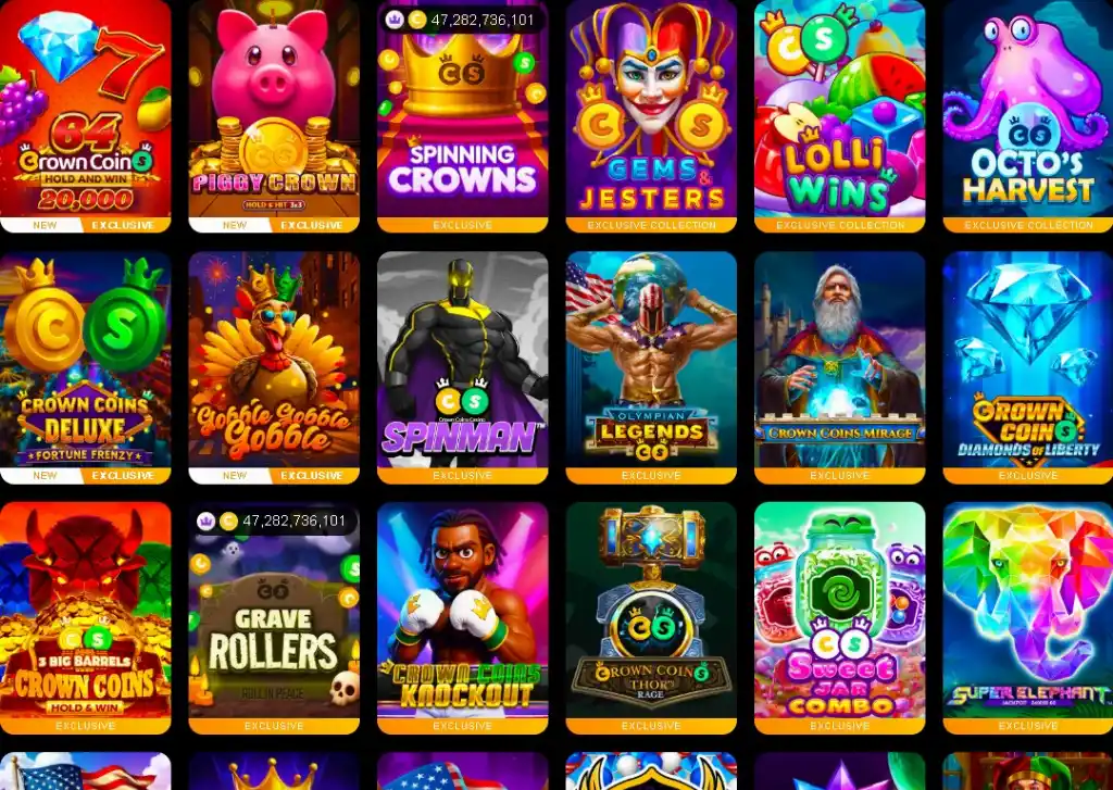 Exclusive games lobby featuring titles like Piggy Crown, Spinning Crowns, Olympian Legends Go, and Crown Coins Mirage in a colorful grid.