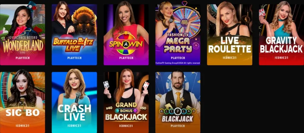 A row of live casino game thumbnails from Mega Bonanza Live, each showing a host promoting titles like Wonderland, Buffalo Blitz Live, Spin A Win, and FashionTV Mega Party.