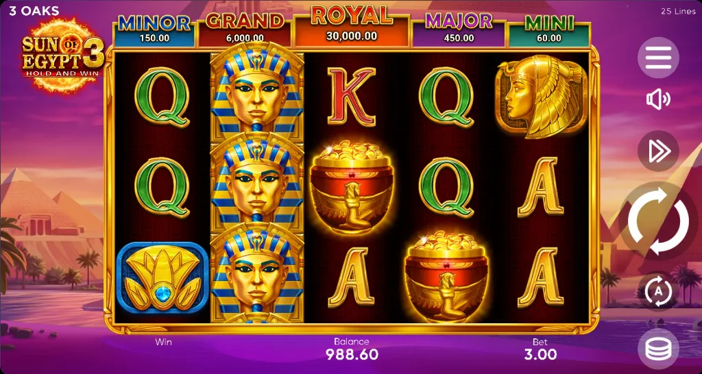 The Sun of Egypt 3 slot shows golden pharaoh masks, glowing coin pots, and royal jackpot values across bright Egyptian-themed reels.