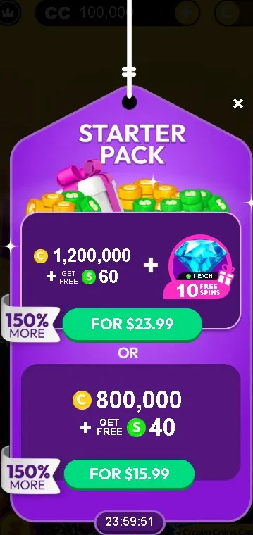 Starter Pack promotion showing 1.2M Crown Coins, 60 Sweeps Coins, and free spins highlighted on a purple tag.