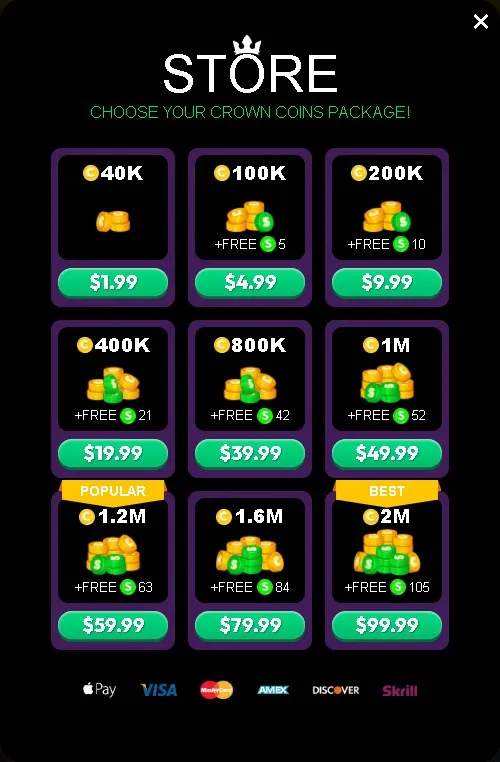 Store packages grid listing Crown Coins bundles from 40K to 2M with bonus Sweeps Coins and pricing displayed.
