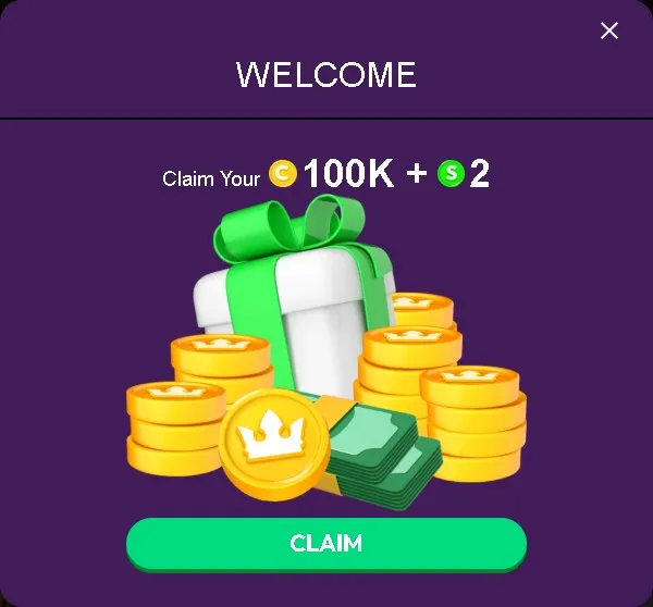 Welcoming bonus screen offering 100K Crown Coins and 2 Sweeps Coins with a gift box and stacked coins displayed.