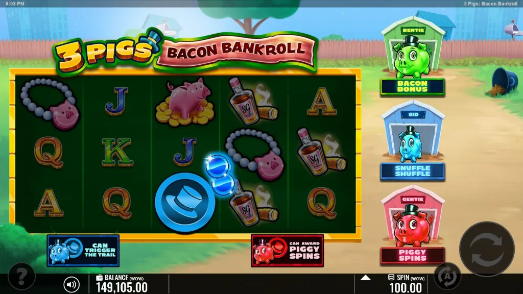 The 3 Pigs Bacon Bankroll slot features cartoon pig characters and bonus huts for Bacon Bonus, Snuffle Shuffle, and Piggy Spins.