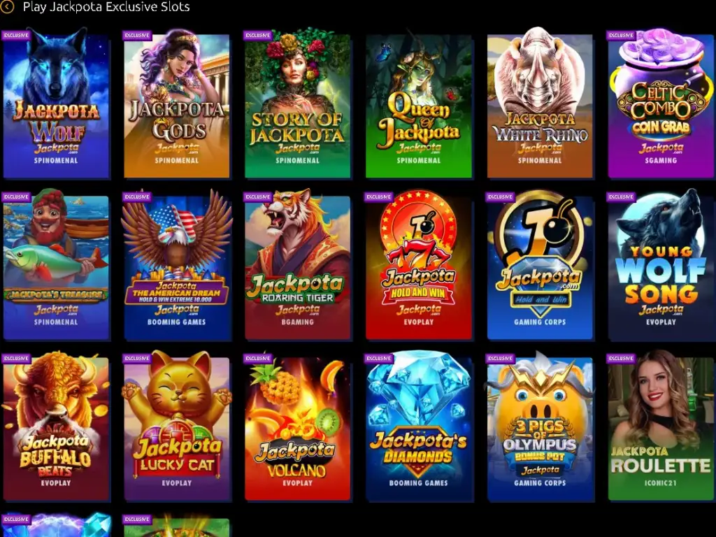 The Jackpota Exclusive Slots lobby highlights branded titles like Jackpota Wolf, Jackpota Roaring Tiger, and Jackpota’s Diamonds in a multi-row grid.