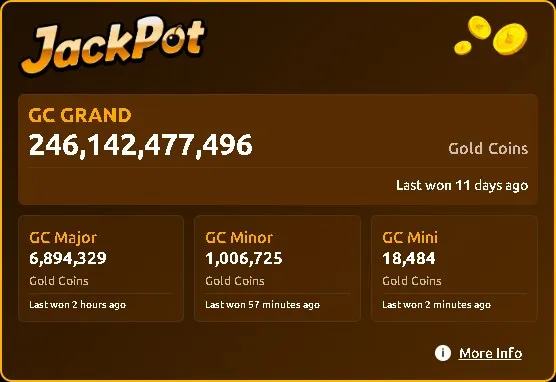 The Jackpota jackpot stats panel shows the GC Grand, Major, Minor, and Mini prize pools with recent win timestamps beneath each tier.