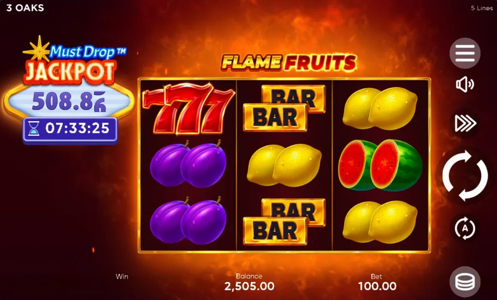 The Flame Fruits slot features classic fruit symbols and a Must Drop Jackpot meter showing the rising prize and countdown before it pays out.