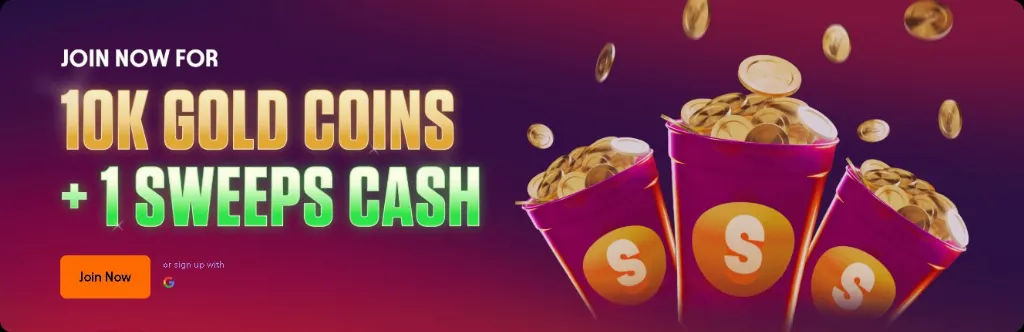 Join Now banner offering 10,000 gold coins plus 1 sweeps cash welcome bonus.