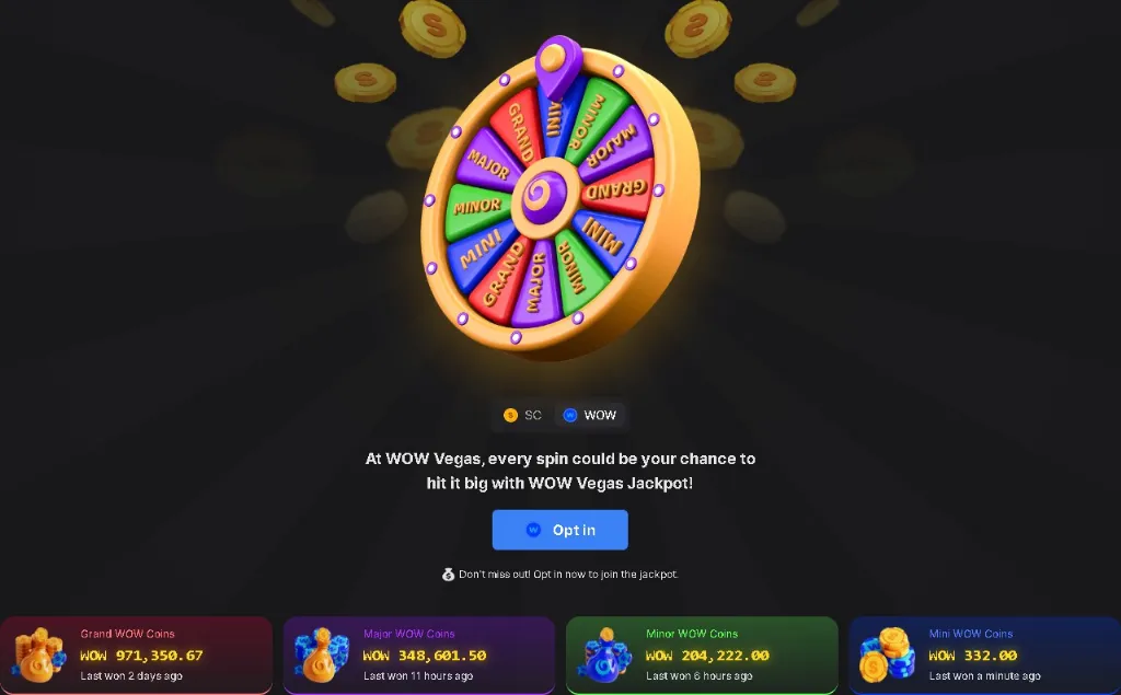 The WOW Vegas Coins grand major minor mini jackpot screen shows the colorful jackpot wheel and current WOW Coin jackpot tiers with their latest win amounts.