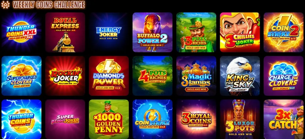 Weekly Coins Challenge category showing a grid of colorful Hold and Win slot games, including coin-themed, joker-themed, buffalo, clover, magic lamp, eagle, and leprechaun slots.