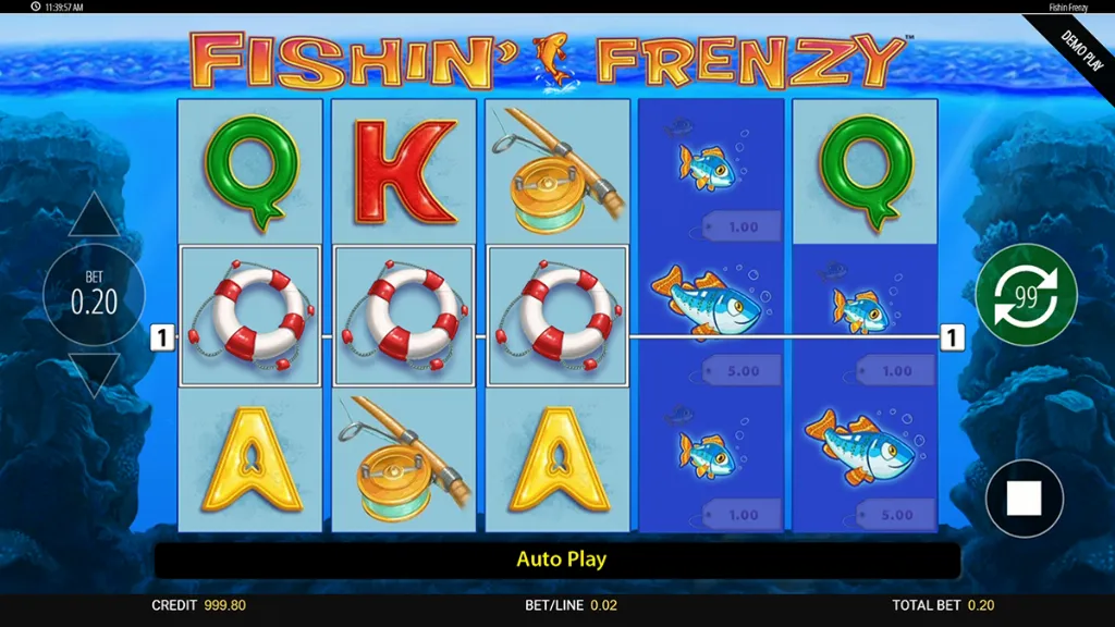 Fishin' Frenzy - Game screenshot with fishing symbols.