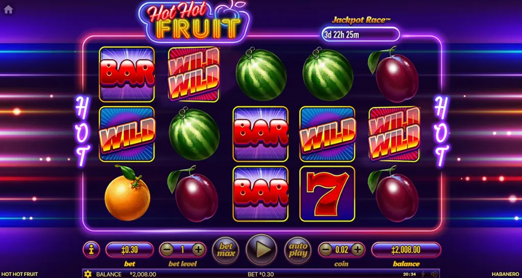 Hot Hot Fruit - Product photo with colorful fruit symbols.