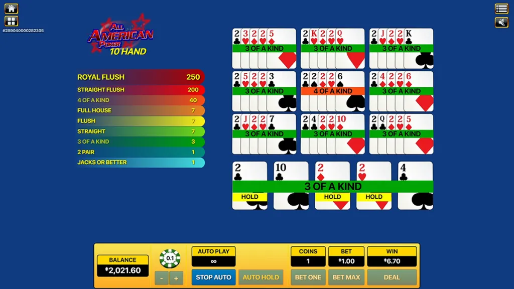 All American Poker - Game screen with winning hands.