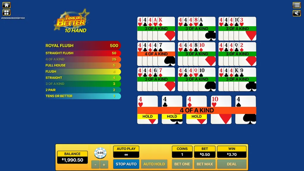 Tens or Better - Game Screen with 10 hands displayed.